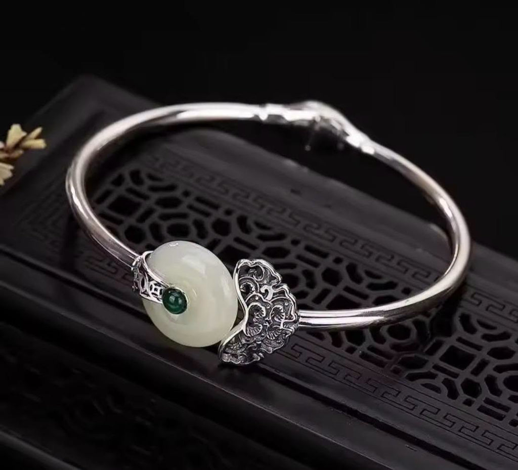 Natural Hotan Jade Cuff Bangle Sterling Silver S925