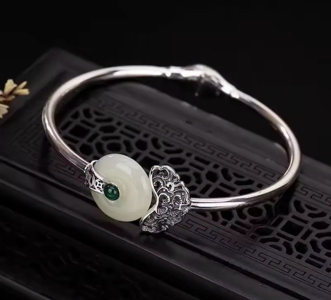 Natural Hotan Jade Cuff Bangle Sterling Silver S925