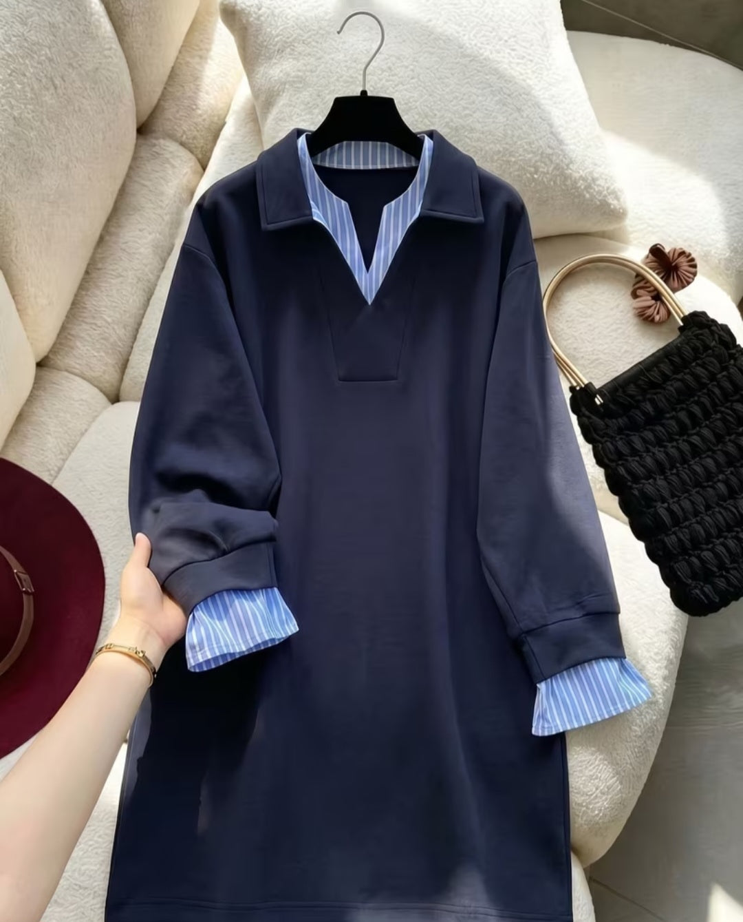 Navy Blue "Fake" Two Layer Dress