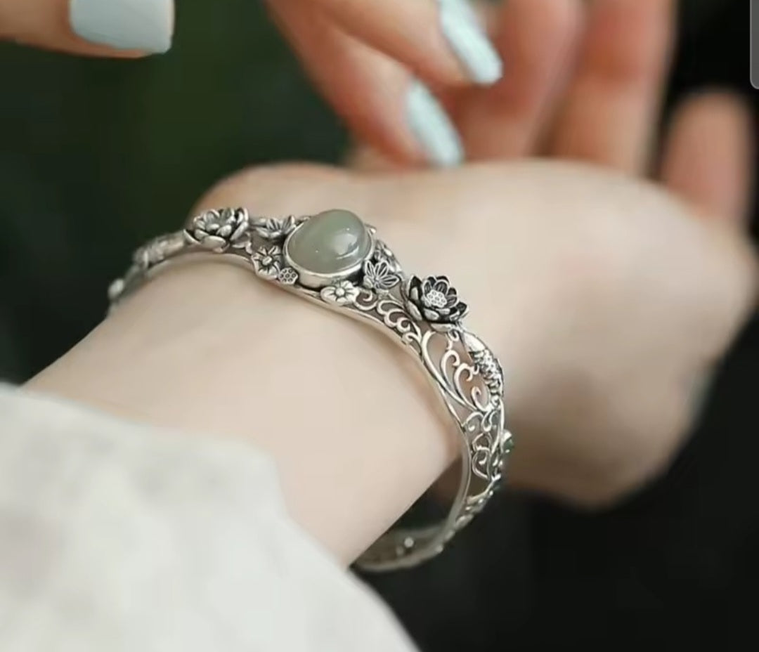 🪷 Natural Hotan Jade Sterling Silver S925 Bracelet