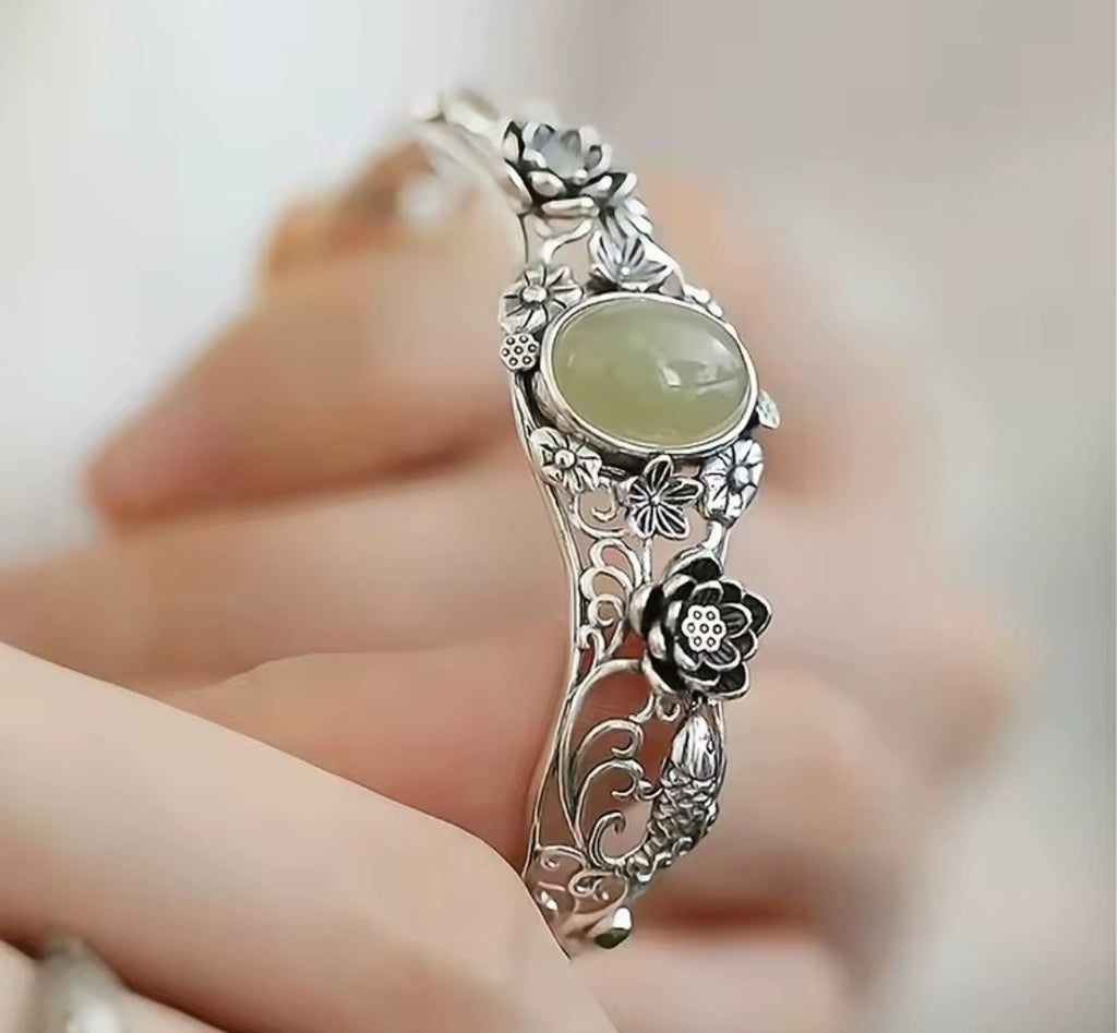 🪷 Natural Hotan Jade Sterling Silver S925 Bracelet