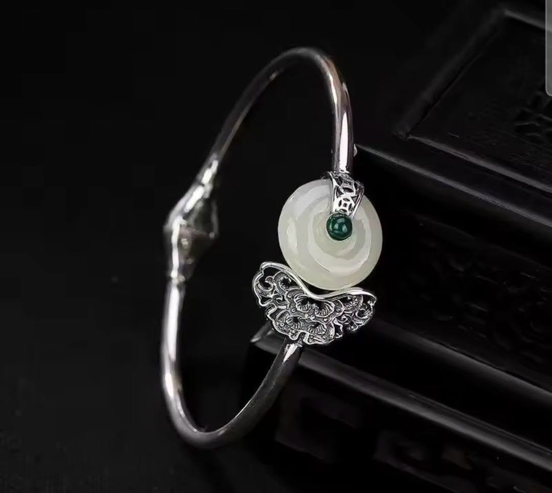 Natural Hotan Jade Cuff Bangle Sterling Silver S925
