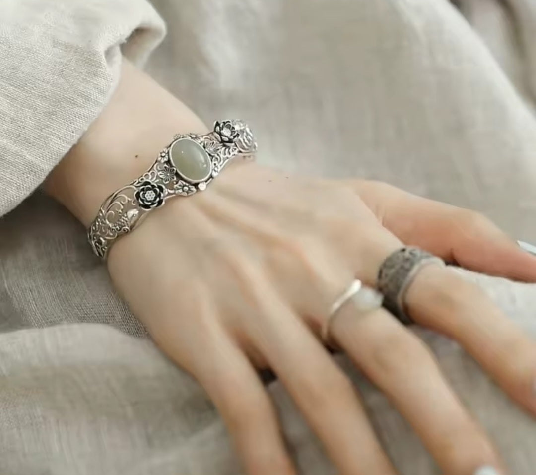 🪷 Natural Hotan Jade Sterling Silver S925 Bracelet