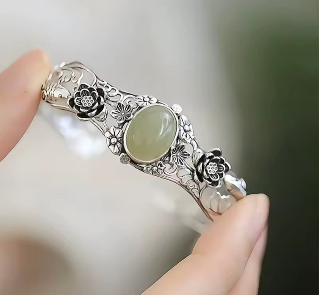 🪷 Natural Hotan Jade Sterling Silver S925 Bracelet