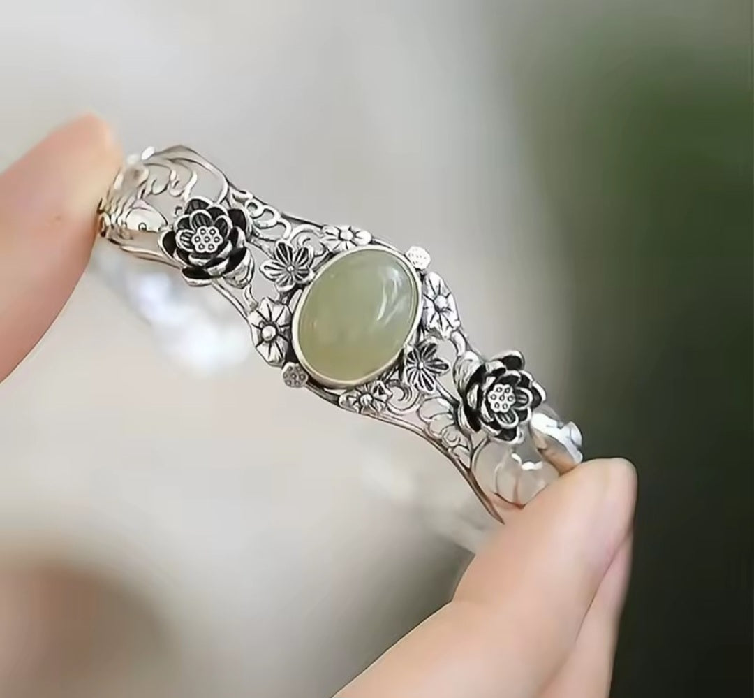 🪷 Natural Hotan Jade Sterling Silver S925 Bracelet
